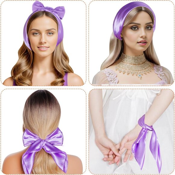Women Light Purple Chiffon Square Ribbon Neck Scarf Satin Handkerchief Halloween - Picture 3 of 7